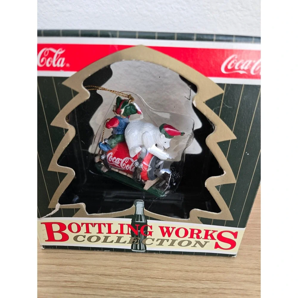 Coca-Cola Bottling Works Collection Polar Bear Elf Soda Can Sled Ornament Boxed